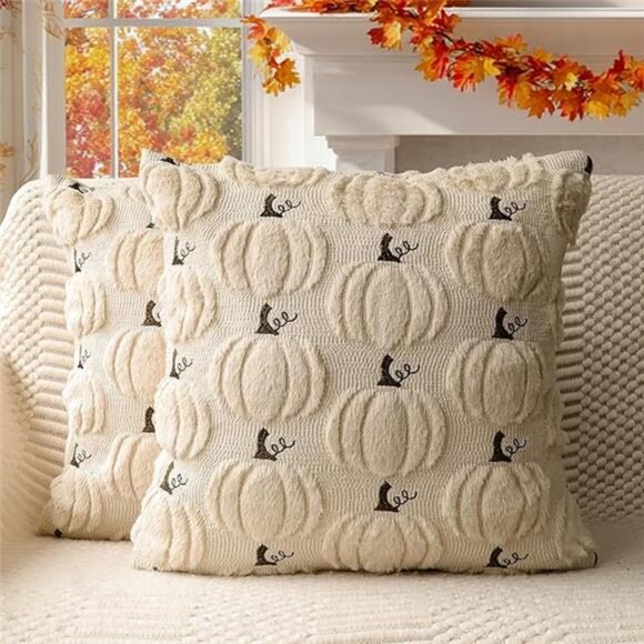Fall Pumpkin Pillow Covers Set of 2 Plush Throw Pillow Cases 18x18 Autumn Decor - Picture 7 of 7